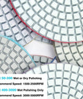 Close-up of Diamond Polishing Pads Set 5 Inch With 5/8-11 Hook And Loop Backing, showing grid patterns for various grit levels.