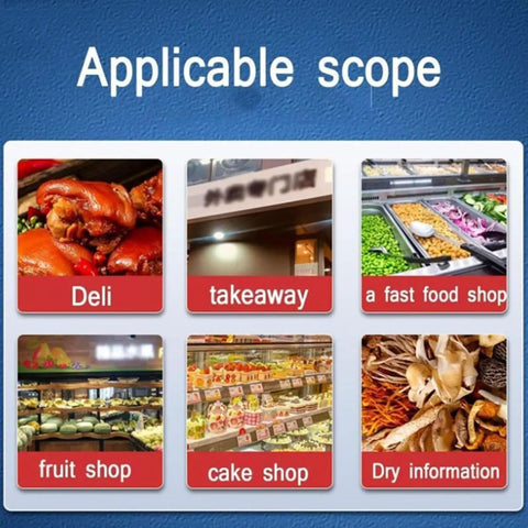 Image showing various applicable scopes for Hmkd Qbd Commercial Food Tray Heat Sealer Machine in deli, takeaway, fruit shop, and cake shop.