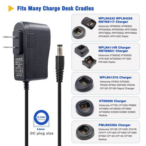 Universal 12V 1A Power Adapter For Motorola And Kenwood Radios, showing compatibility with various chargers and radios.
