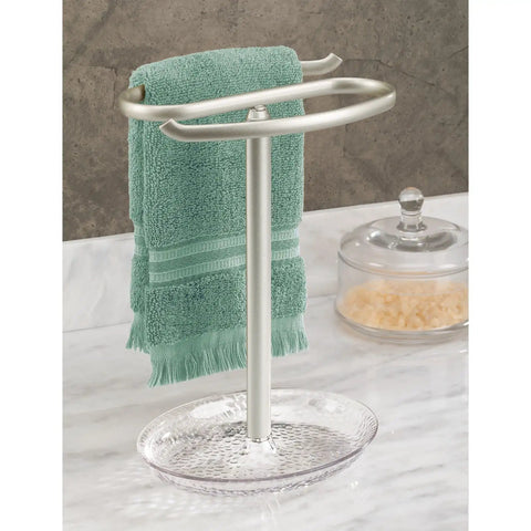 Steel Fingertip Towel Rack Stand With Base Tray For Jewelry Or Small Accessories, Two Bar Towel Holder For Bathroom Kitchen Or Powder Room, Holds Hand Towels And Washcloths, Two Sided Design, Rain Collection Clear Satin Finish with green towel on countertop