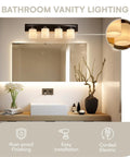 Four Light Bathroom Vanity Lights Over Mirror With Modern Glass Shade Panel In Matte Black Finish Hollywood Style Wall Sconce For Stylish Home Bath Decor And Enhanced Mirror Lighting Bulbs Not Included above sink and decor
