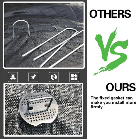 Comparison of metal landscape stakes versus 100Pcs Garden Staples Plastic Buffer Washers for weed barrier stability
