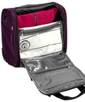 Open view of Underseat Carry-On Set 15 Inch Purple Roller Bag with Quick Access Side Pocket showing interior compartments.