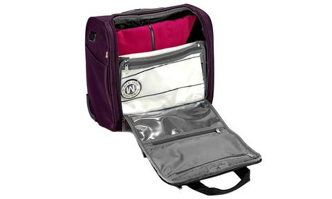 Open view of Underseat Carry-On Set 15 Inch Purple Roller Bag with Quick Access Side Pocket showing interior compartments.