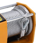 Close-up of steel rope spool on Cool 12V Electric Winch Kit Slams Out 3000Lbs with 4-way fairlead for off-roading.