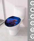 Laid Back Island Life Round Toilet Seat Cover Highlighting Bold Thatched Beach Hut Print Quiet Close Lid on toilet in a bathroom.