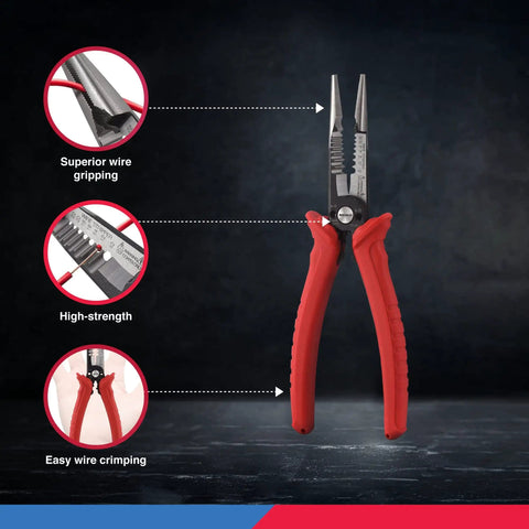 All In One Wire Service Tool with Gripper Crimper Stripper Cutter Extractor and Electrician Pliers 8.5 Inch Durable Steel