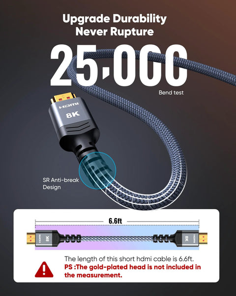 Braided HDMI cable with blue-gray sheath and gold-plated connectors, 6.6 ft (2 m), supports 8K/4K HDR.