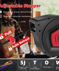 Retractable Extension Cord Reel 50 Feet 14 AWG 3 Conductor Power Cord For Garage And Workshop Wall Or Ceiling Mount Three Outlets Auto Retract With Slow Wind Built In Guide To Prevent Tangles UL Listed 13A Circuit Breaker with adjustable stopper and auto retract feature displayed.
