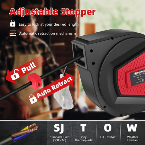 Retractable Extension Cord Reel 50 Feet 14 AWG 3 Conductor Power Cord For Garage And Workshop Wall Or Ceiling Mount Three Outlets Auto Retract With Slow Wind Built In Guide To Prevent Tangles UL Listed 13A Circuit Breaker with adjustable stopper and auto retract feature displayed.