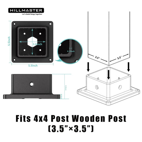 Diagram of 4x4 Post Base Support Kit 4 Pack Plastic Brackets For Outdoor Wood Fence Mailbox Pergola with dimensions 3.5x3.5 inches