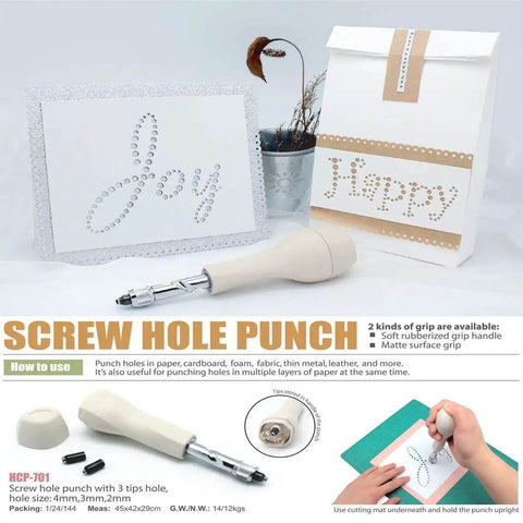 Versatile Screw Punch With 2Mm, 3Mm And 4Mm Tips For Circular Paper Holes Anywhere, Oversized Soft Grip Handle Makes Punching Paper And Scrapbooking A Breeze shown with crafts