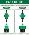 Open and close views of 50 Pack 1/4 Inch Drip Irrigation Shut Off Valves With Barbed Fittings For 1/4 Inch Tubing No Fuss Easy Flow Water Control