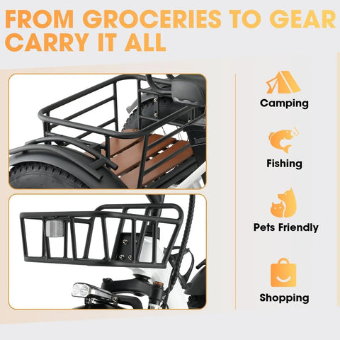 Electric Tricycle For Adults With 750W Peak 1350W Motor And Fat Tire Power 20x4 Folding E Trike 48V 13Ah Battery Three Wheel Ebike With Front And Rear Basket Differential Ultra White Up To 50 Miles In PAS Mode carrying front and rear baskets