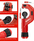 Shall 4-Piece tubing cutter set, red handheld tool; front view with black ergonomic knob and cutting wheel.
