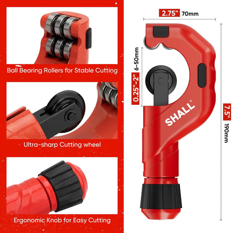 Shall 4-Piece tubing cutter set, red handheld tool; front view with black ergonomic knob and cutting wheel.