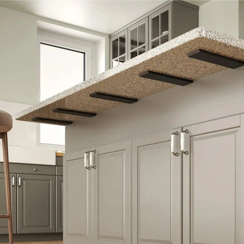 Beefy Heavy Duty Countertop Support Bracket Set Two Pack For Granite Quartz Wood Concrete And Laminate Countertops L Shaped Iron Shelf Brackets Twenty By Eight By Two And A Half Inches Hidden Forward Mount Ultra Strong Kitchen Shelf Supports installed under granite countertop