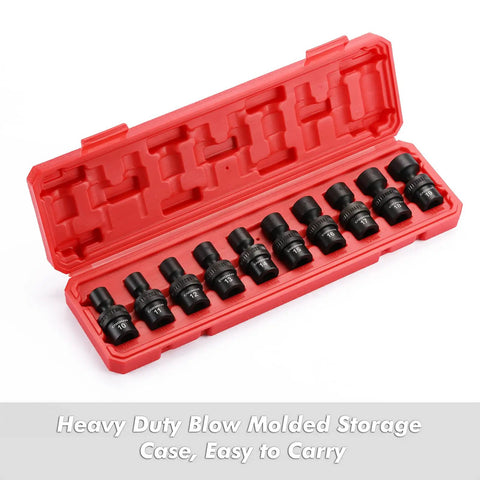 10 Piece 3/8 Inch Drive Universal Flex Impact Socket Set, 6-Point CR-MO Steel, Metric 10mm to 19mm in red case