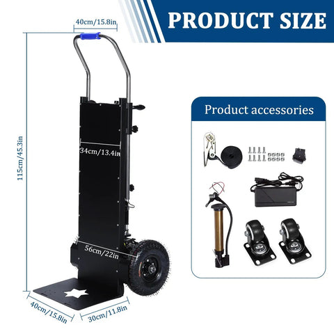 Powerful 1500W Motorized Stair Climbing Hand Truck Dolly Cart For Heavy Loads Up To 880 Lbs Ideal For Moving Furniture Appliances And Inventory Across Floors With Easy Control And Durable Construction. Black stair-climbing dolly, 115 cm tall, 40 cm wide, with accessories.