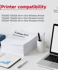 Printer compatibility list with TS5300, TS5320, TS6400, TS6420, TR7020, and TR7022 beside a laptop and office supplies