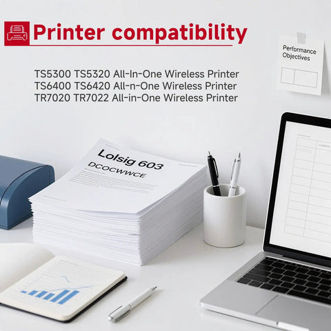 Printer compatibility list with TS5300, TS5320, TS6400, TS6420, TR7020, and TR7022 beside a laptop and office supplies