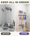 Heavy Duty Wall Mount Broom And Mop Organizer With Five Clamps And Four Hooks Stainless Steel Cleaning Tool Rack Before After Image