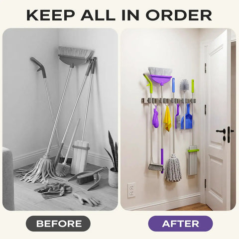 Heavy Duty Wall Mount Broom And Mop Organizer With Five Clamps And Four Hooks Stainless Steel Cleaning Tool Rack Before After Image