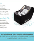 Fully Padded Infant Car Seat Travel Bag For Airplane Trips Fits Most Car Seats Gate Check Ready AirTag Compatible Durable Black Cover For UPPAbaby Nuna Chicco And More displayed with dimensions and compatibility information.