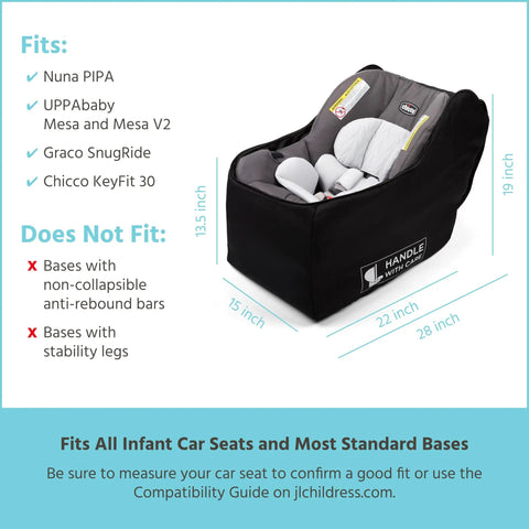 Fully Padded Infant Car Seat Travel Bag For Airplane Trips Fits Most Car Seats Gate Check Ready AirTag Compatible Durable Black Cover For UPPAbaby Nuna Chicco And More displayed with dimensions and compatibility information.