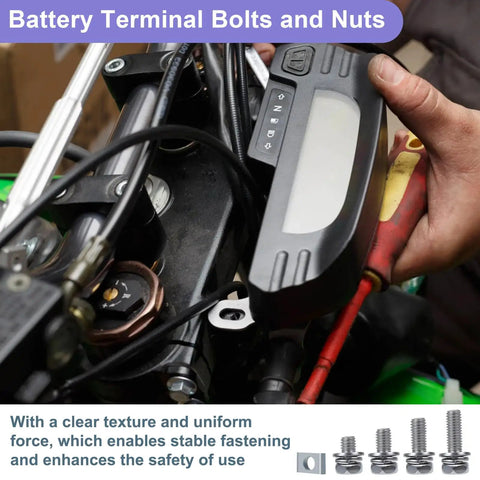 Close-up of installing 56 Pack Motorcycle Battery Terminal Nuts And Bolts Kit on a bike's battery connection