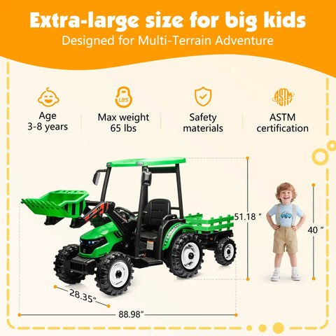 Killer 24V Kids Tractor Ride On With Easy Grip Remote Control And Detachable Trailer Heavy Duty Metal Frame Construction Toy Packed With Dual Motors Front Loader Scoop And Comfort Cushion Seats For Big Kids