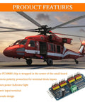 Sixteen Channel PWM Servo Driver Board With 12 Bit I2C Interface PCA9685 shown in an image with a helicopter and product features