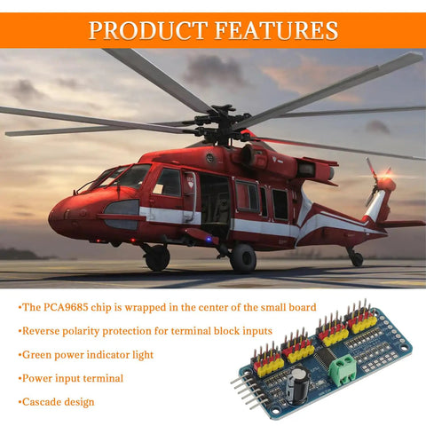 Sixteen Channel PWM Servo Driver Board With 12 Bit I2C Interface PCA9685 shown in an image with a helicopter and product features