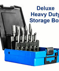 Ten Piece Carbide Burr Set With 0.25 Inch Shank Tungsten Double Cut Rotary Die Grinder Bits in blue storage case