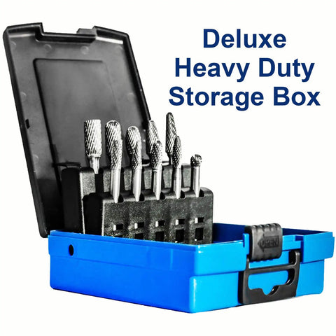 Ten Piece Carbide Burr Set With 0.25 Inch Shank Tungsten Double Cut Rotary Die Grinder Bits in blue storage case