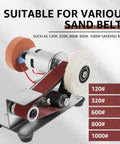 Heavy Duty Mini Sander With Angled Belt And 7 Speed Adjustments, Bad Ass Knife Sharpener Attachment For Metalwork and Jewelry Polish, Smooth Running Electric Grinder Loaded With Sanding Belts For Any Job with various sand belts displayed.