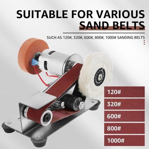 Heavy Duty Mini Sander With Angled Belt And 7 Speed Adjustments, Bad Ass Knife Sharpener Attachment For Metalwork and Jewelry Polish, Smooth Running Electric Grinder Loaded With Sanding Belts For Any Job with various sand belts displayed.