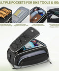 Expandable Waterproof Bike Trunk Bag 15L To 23L For Rear Rack 4 In 1 with open compartments showing gear and pockets