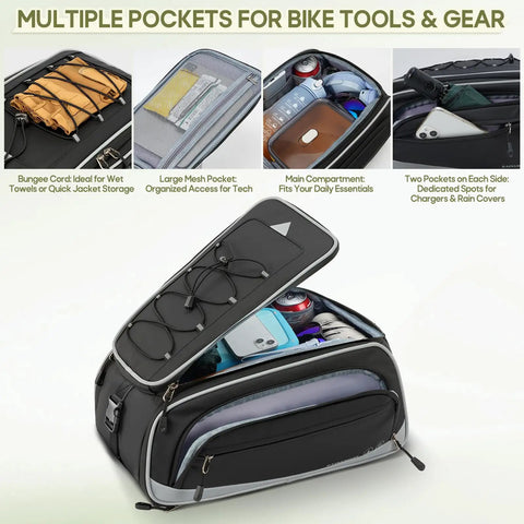 Expandable Waterproof Bike Trunk Bag 15L To 23L For Rear Rack 4 In 1 with open compartments showing gear and pockets