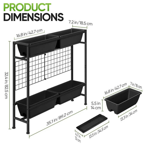 Raised Garden Bed With Legs, 32 Inch Elevated Planter Box For Veggies And Herbs, Includes Drainage Holes, Trellis, And Four Plastic Planting Stations, Great For Balcony Or Patio, Outdoor Black dimensions.