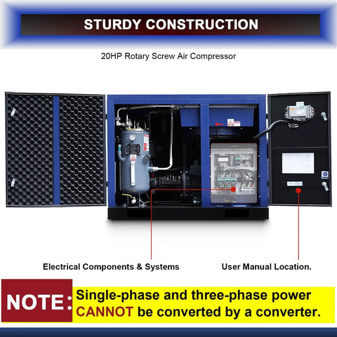 Solid 20 HP Rotary Screw Air Compressor Pump Providing A Heavy Duty 74 CFM At 125 PSI For Continuous Industrial Use. This Bad Boy Runs On 230V 3 Phase Power, Making It Perfect For Manufacturing Plants And Active Workshops That Need Reliable, High Volume