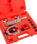 Front view of Esakoya brake line flaring tool kit in red case with flaring bar, clamp, and 5 adapters