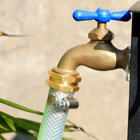 Female Garden Hose End Repair Connector With Clamps Fits Three Quarter And Five Eighths Inch Brass Hose Fittings attached to faucet