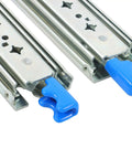 Beefy 28 Inch Locking Drawer Slides With Soft Close Heavy Duty Ball Bearing Side Mounted Hardware 3 Stage Full Extension 250 Pound Load Capacity For Industrial And Home Use, blue lock lever close-up