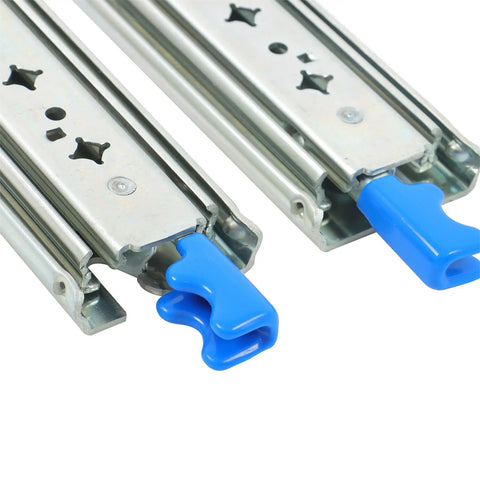 Beefy 28 Inch Locking Drawer Slides With Soft Close Heavy Duty Ball Bearing Side Mounted Hardware 3 Stage Full Extension 250 Pound Load Capacity For Industrial And Home Use, blue lock lever close-up