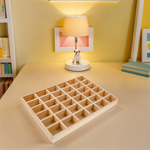 Top Tier Solid Wood Jewelry Tray Organizer with 36 grids on a desk, showcasing solid wood design for neat storage.