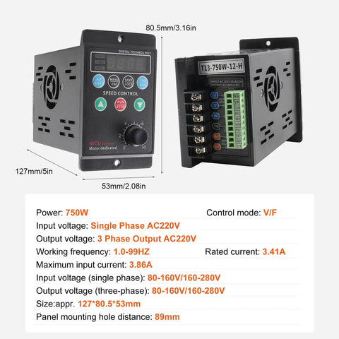 Single Phase To Three Phase VFD Inverter For Spindle Motors, 220V 0.75kW 1HP 5A Variable Frequency Drive, compact design, front and side view