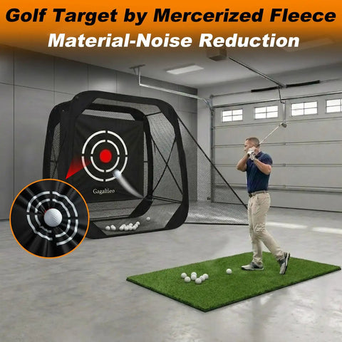 Golfer practicing with Pop Up Golf Practice Net 7x7x4ft Hitting Cage With Target, indoor use for driving and chipping.