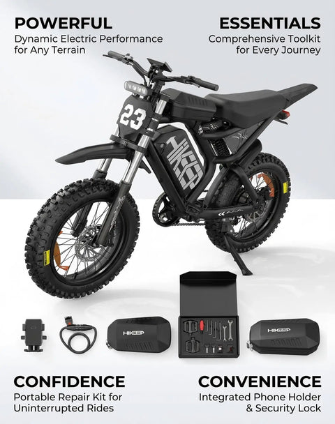 Beast Mode 3000W Electric Dirt Bike For Adults With 20 Inch All Terrain Fat Tires shown with repair kit and accessories