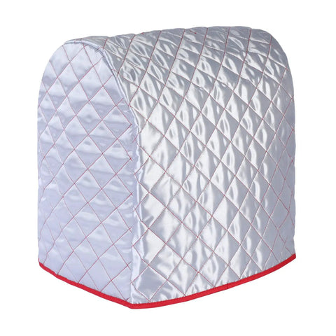 Quilted gray stand mixer cover with red trim, suitable for heavy duty stand mixer cover for tilt head and bowl lift models.